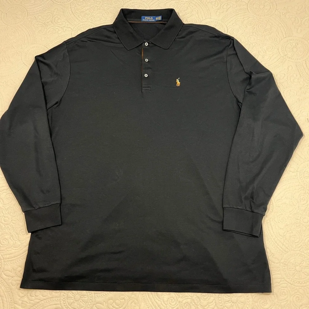 Polo Ralph Lauren Mens‎ Black Long Sleeve Polo Shirt Big & Tall 2XLT Cotton Pony